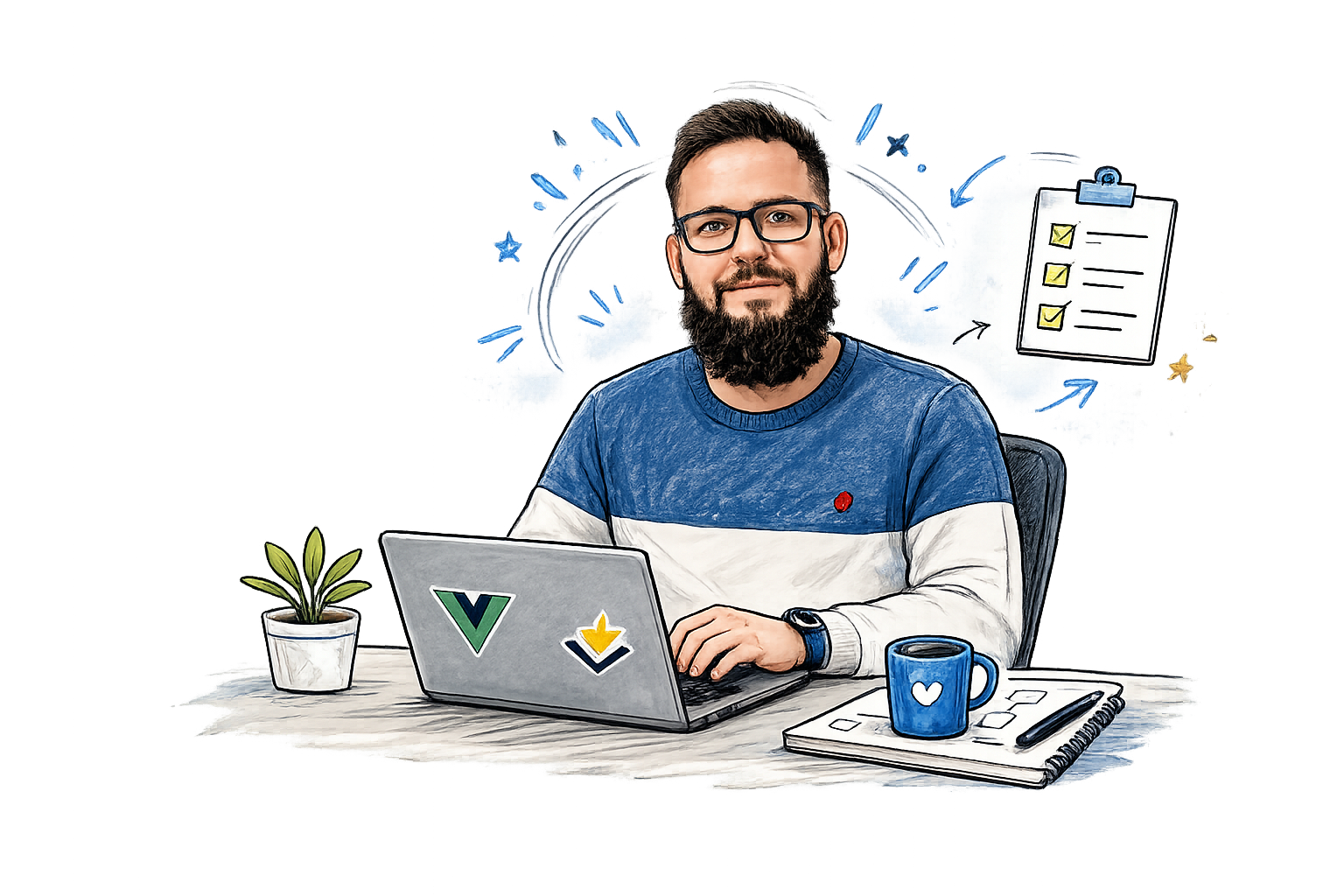 Ilustración de José María Santos trabajando con un portátil